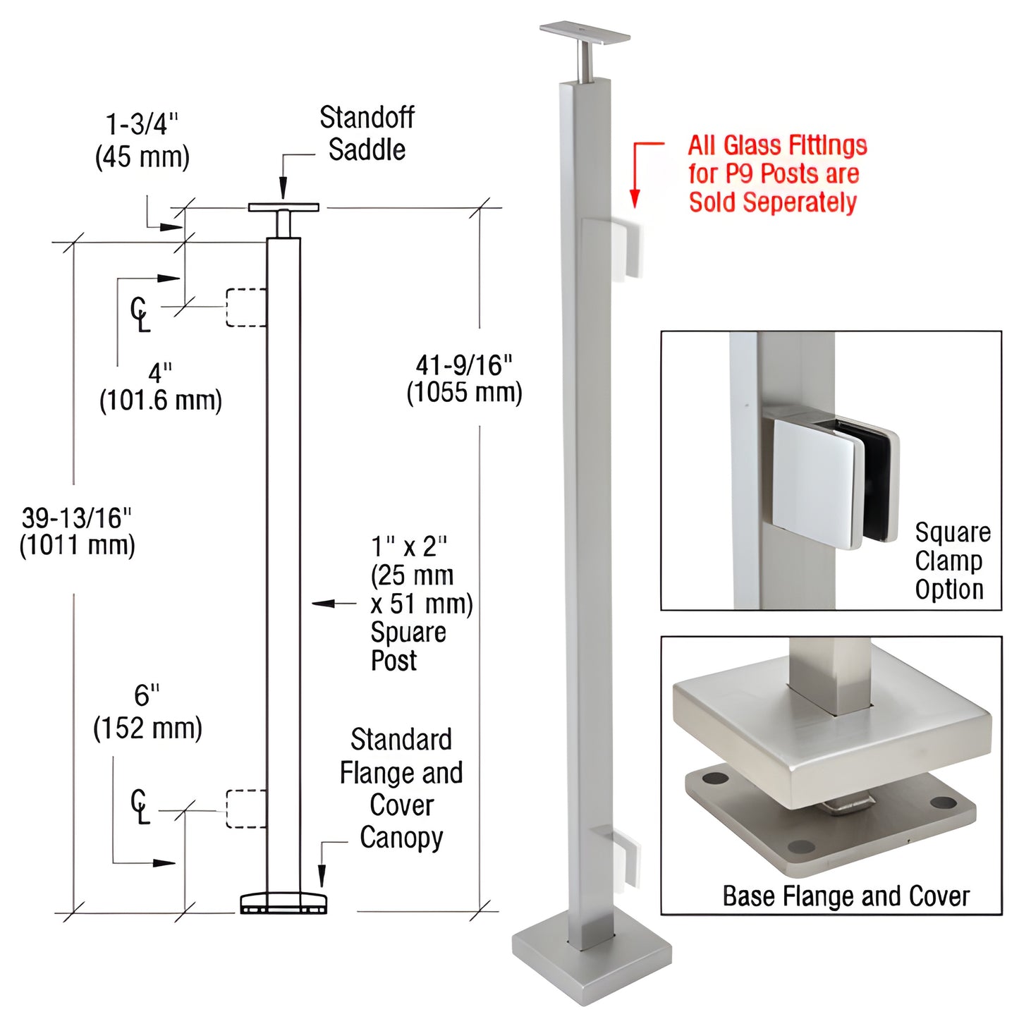 P942EBS 42 in brushed stainless P9 end post railing kit, 1" 2" rectangular post, 5 in base plate with cover