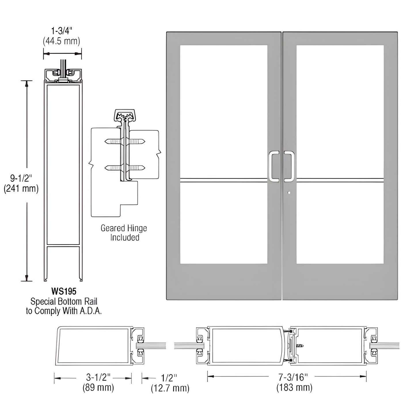DE42811 medium-stile double entrance door, clear anodized aluminum with glass panels, 9-1/2" ADA bottom rail and dimensions.
