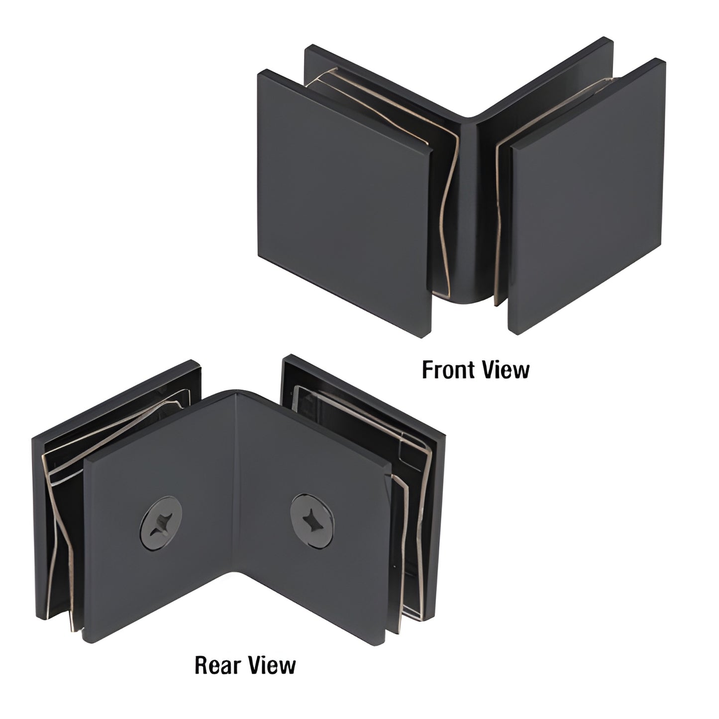 Matte black squared 90 degree glass-to-glass open-face clamp for 3/8-1/2 in tempered glass, SKU SGC0F90MBL
