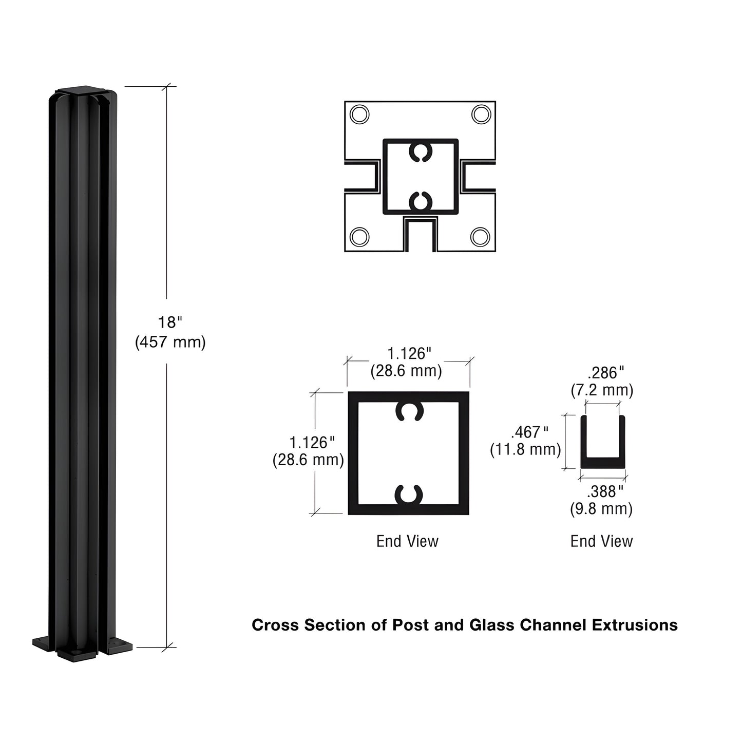 Semi-gloss black 18" aluminum 3-way partition post for 1/4" tempered glass - SKU D990BL183W