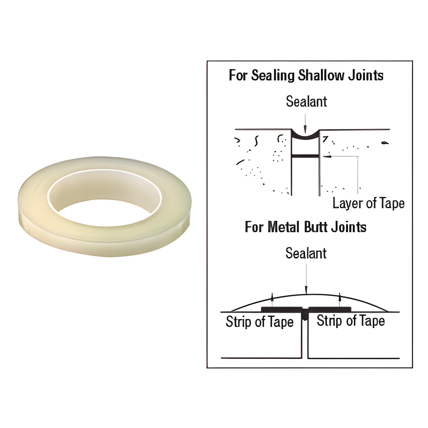 CRL Bond Breaker Tape roll SKU 827T14 - clear 8 mil polyethylene, 1/4" wide, shown with sealing diagrams.