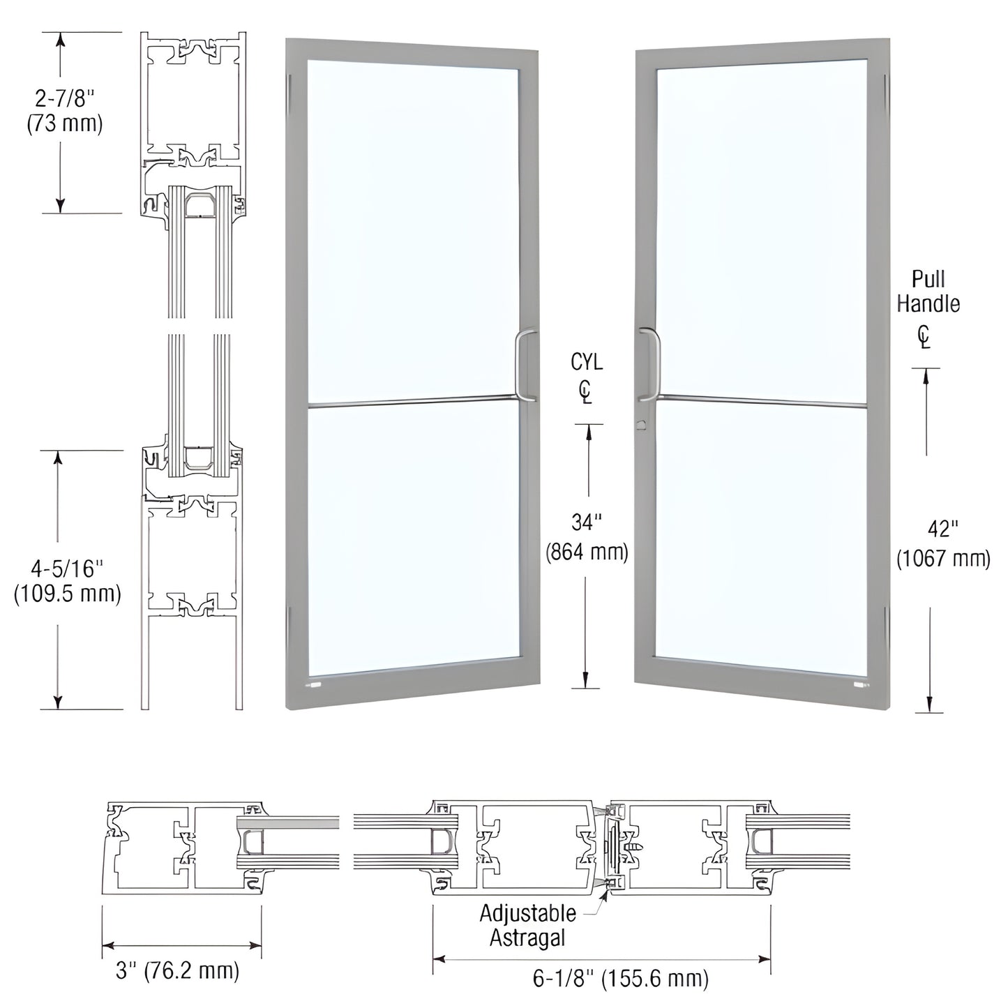 Clear anodized narrow-stile commercial entrance door SKU 1D22511, 3" stiles, 2-7/8" top rail, 4-5/16" bottom rail