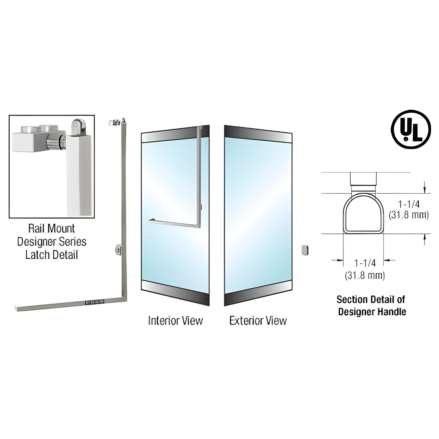DPA100Z3RKBS stainless steel 1-1/4" D-shape rail-mount panic handle for all-glass doors, brushed finish