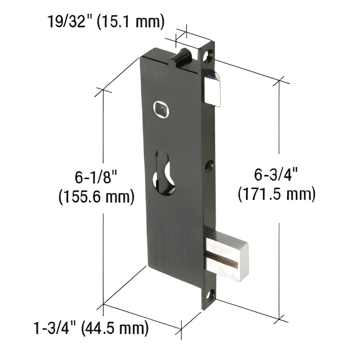 K5064 black die-cast mortise lock insert with reversible latch and deadbolt; non-handed, 6-1/8" / 6-3/4" spacing, 19/32" widt