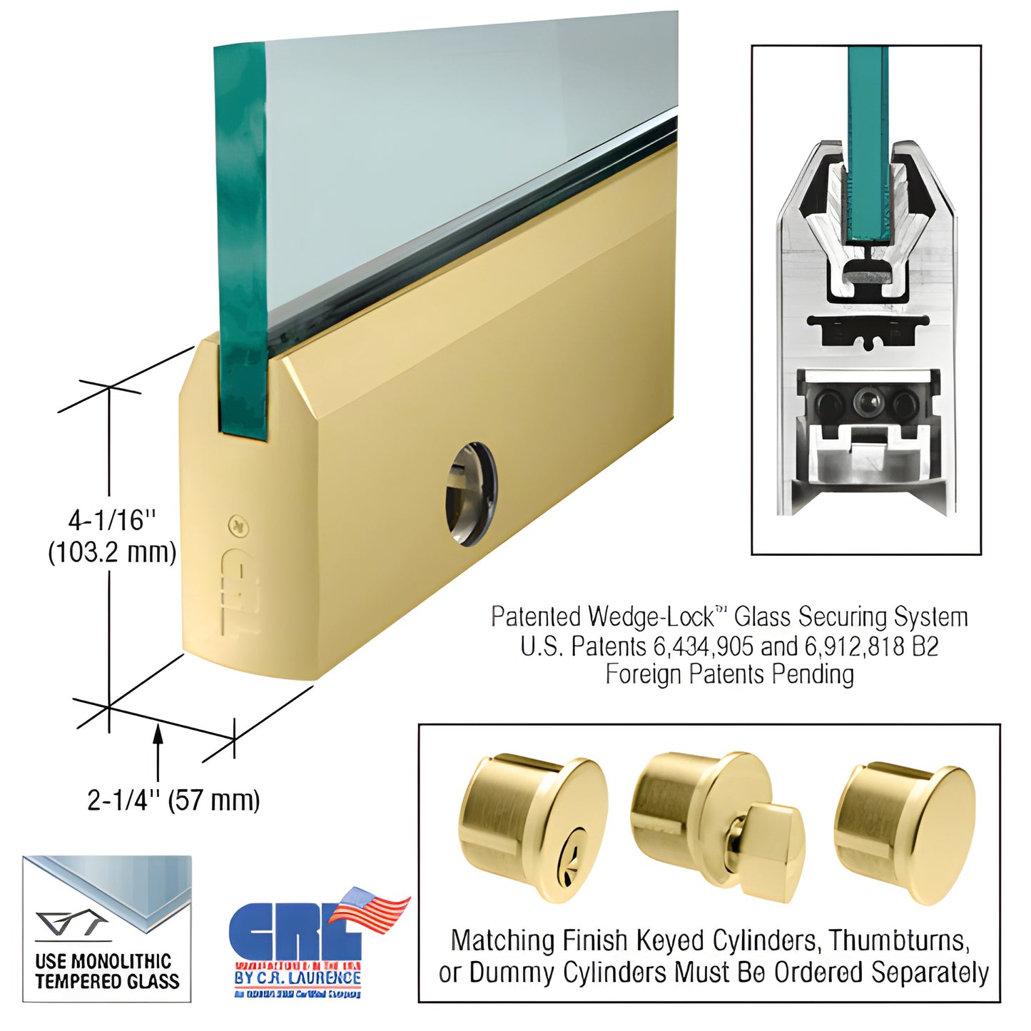 Satin brass CRL Wedge-Lock tapered door rail (SKU DR4TSB34CL) for 3/4" tempered glass, includes lock.