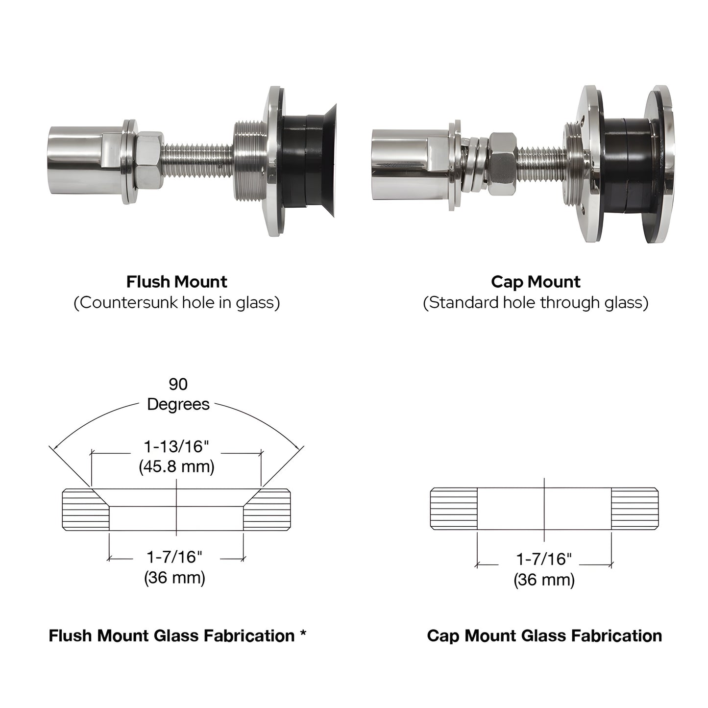 HRF14PS stainless steel rigid head glass attachment, polished 316 SS, for 12-27mm tempered glass, low-profile all-glass look