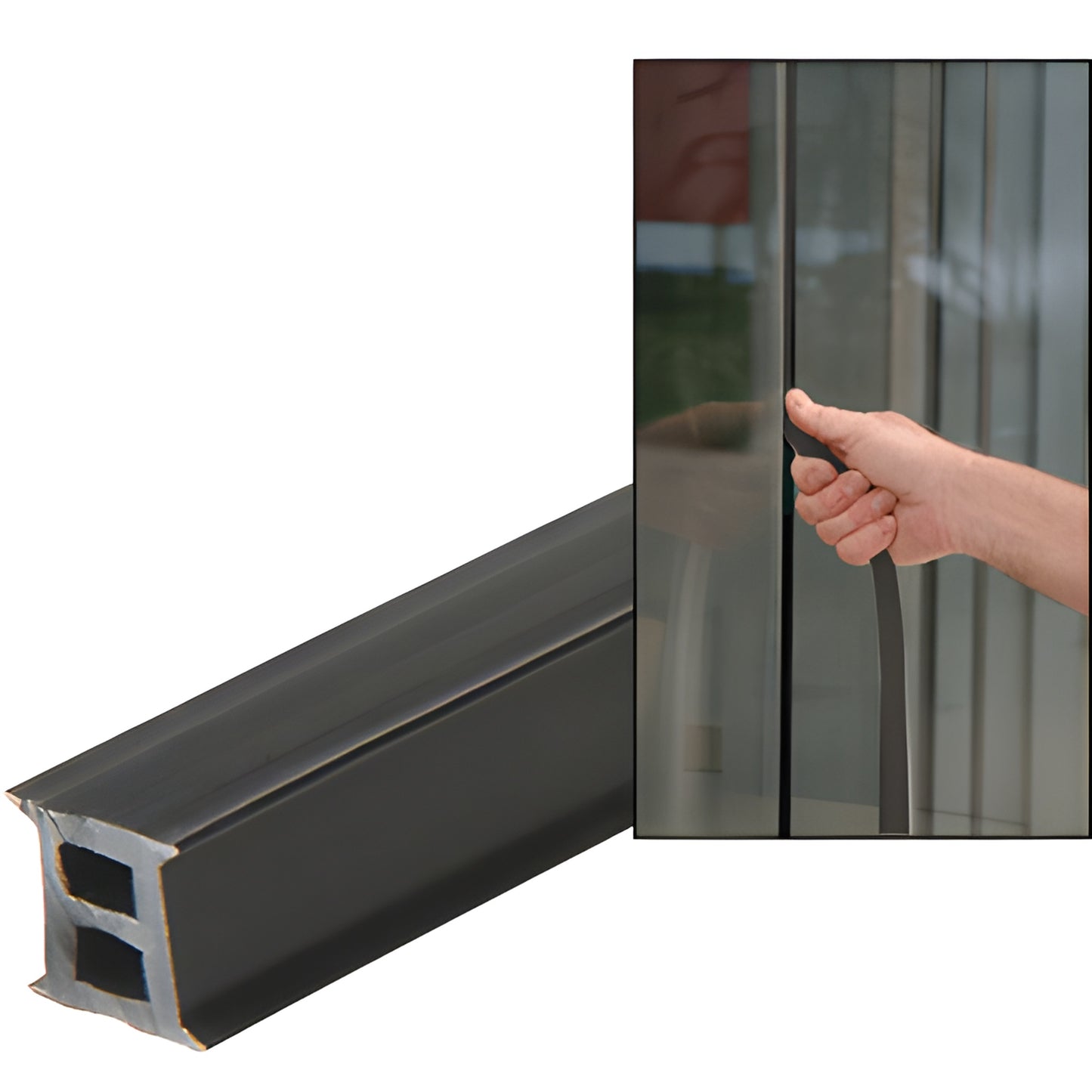 Black silicone EZ GLAZE soundstrip (SKU EZ38BL) for 3/8" glass; glass-to-glass gasket shown being installed by hand.