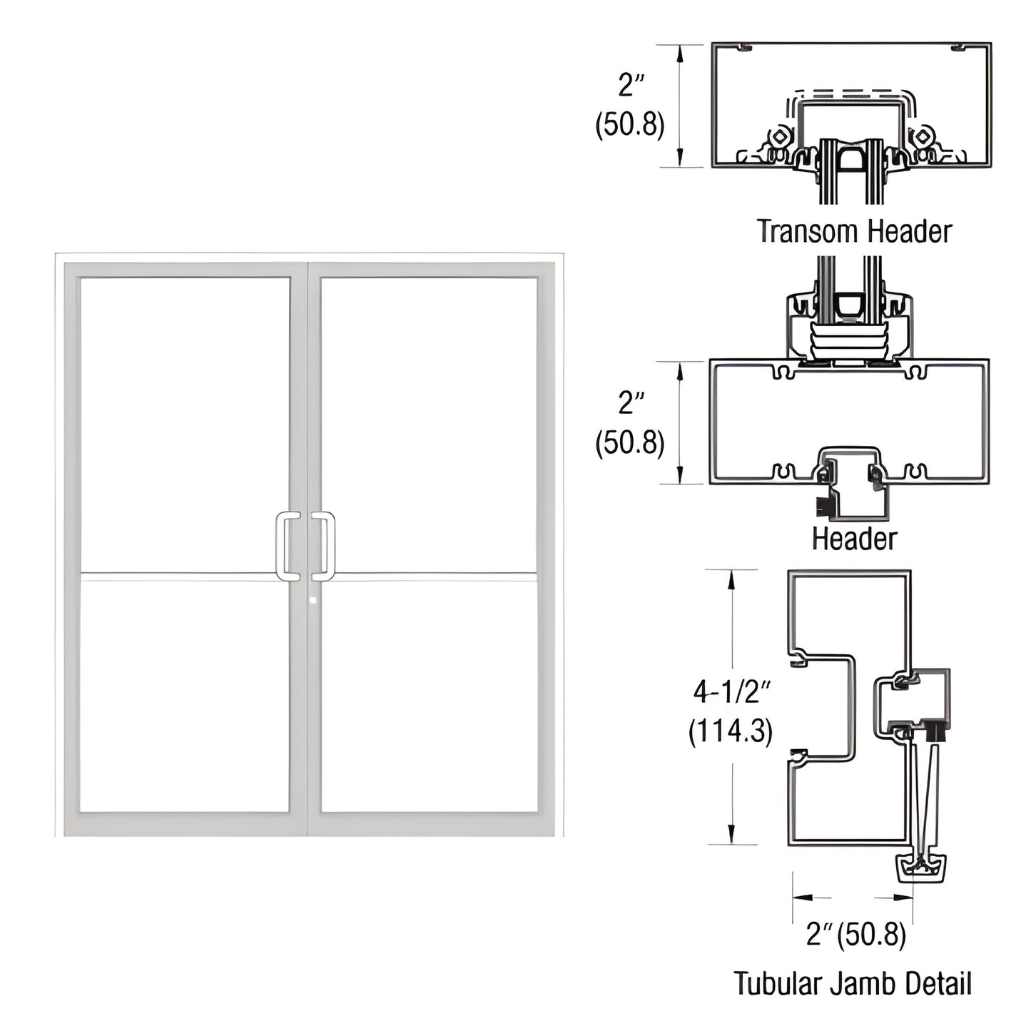 FR92852 white Kynar gear-hinge transom frame - double swing door drawing with tubular jambs, aluminum threshold, dimensions.