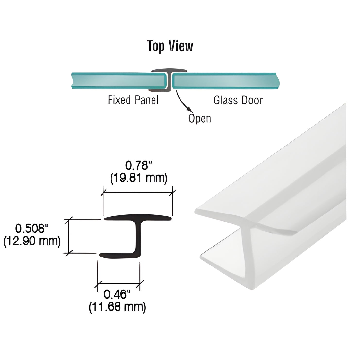 PCC12 CRL Y jamb seal, clear polycarbonate 12mm glazing, snap-on soft leg for 180 glass-to-glass doors.
