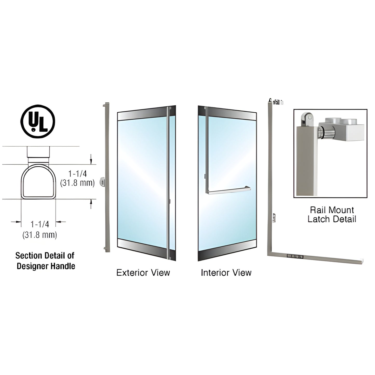 Brushed stainless PA100 panic rail-mount handle for 1/2" glass doors, 1-1/4" D-tube, exterior key option - SKU DPA100F4RKBS