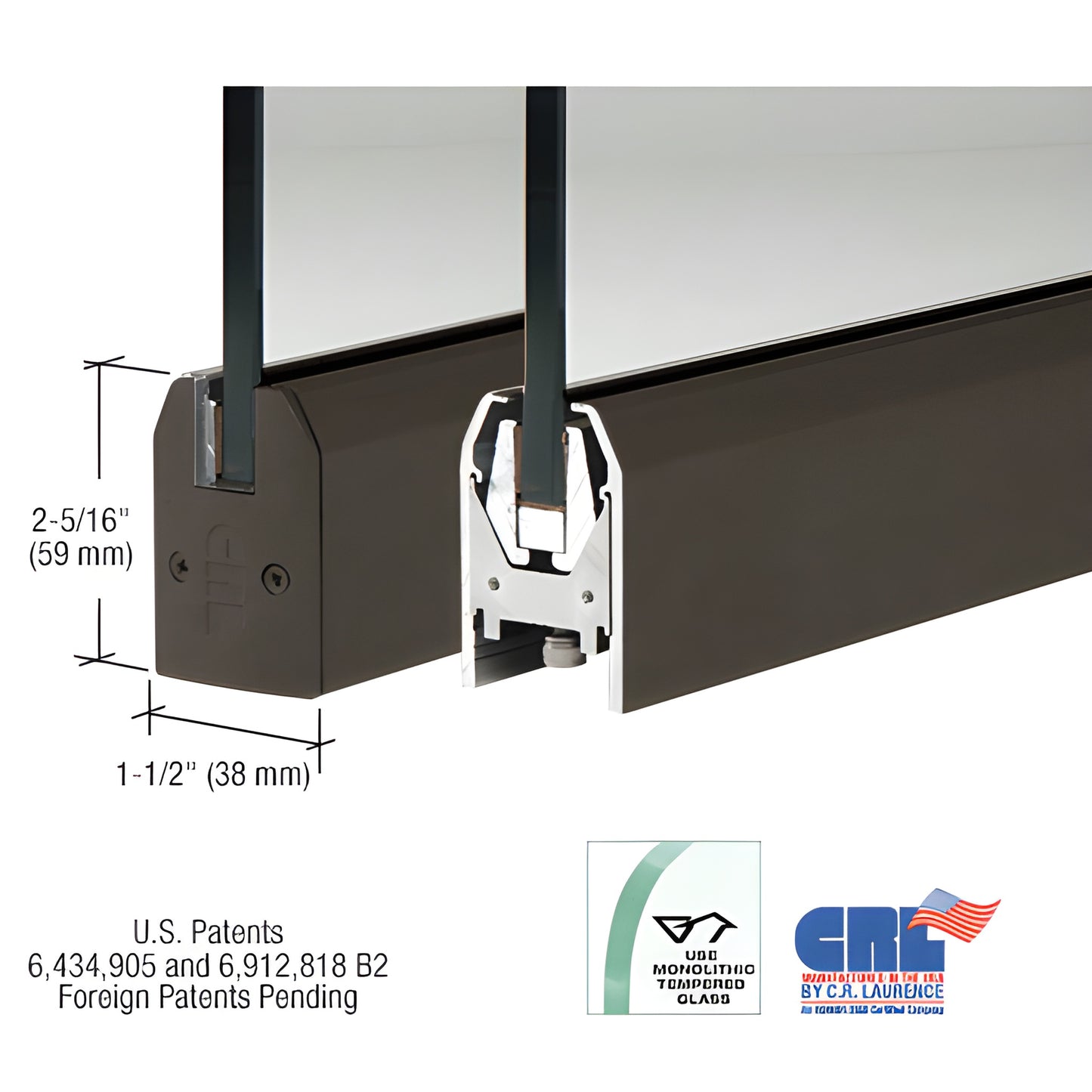 Black bronze low profile aluminum door rail DR2TDU38P, 8 in for 3/8 in glass, Wedge Lock glass securing system.