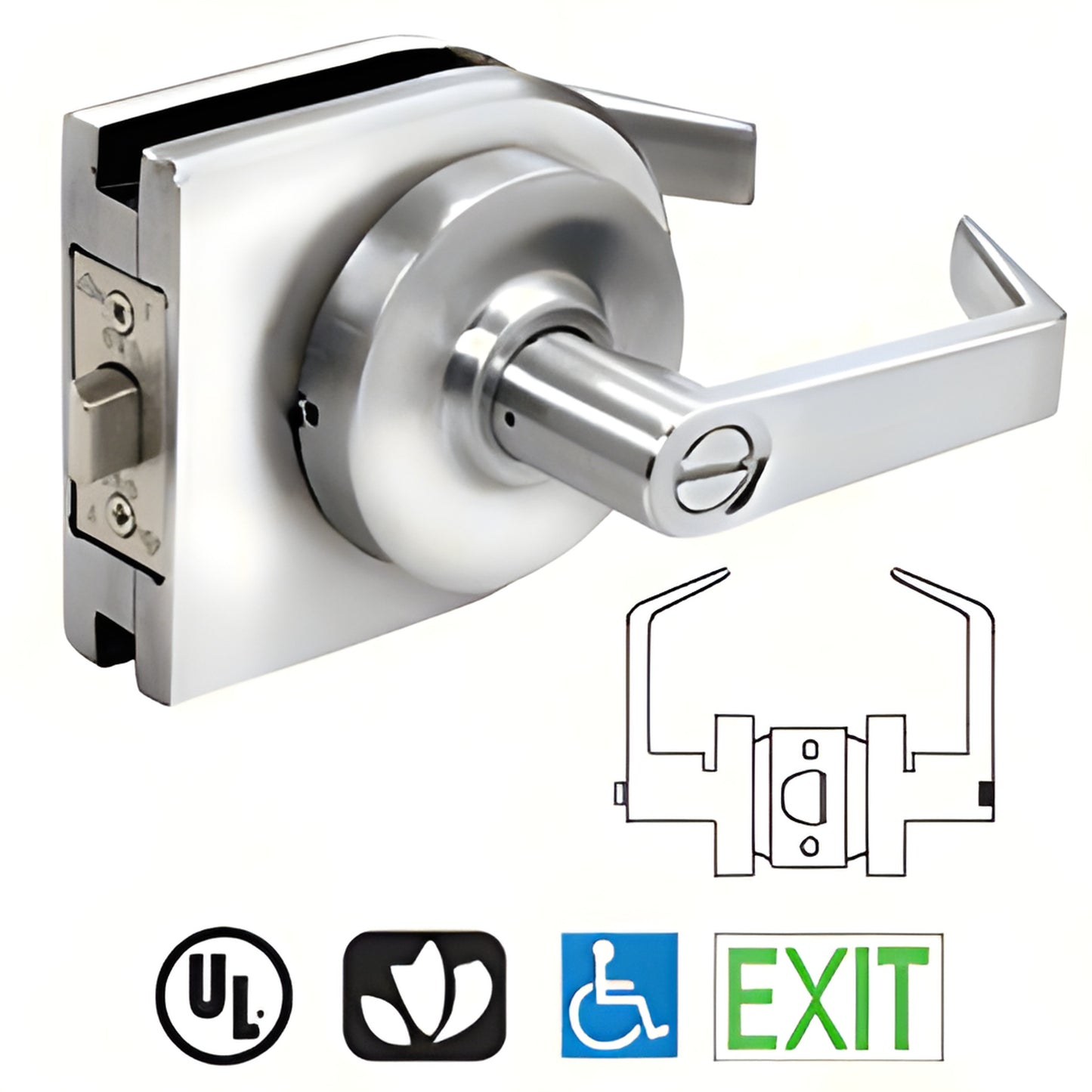 LH45PS polished stainless steel round-cover lever lock housing for 3/8-1/2" glass doors, low-profile commercial exit lever.
