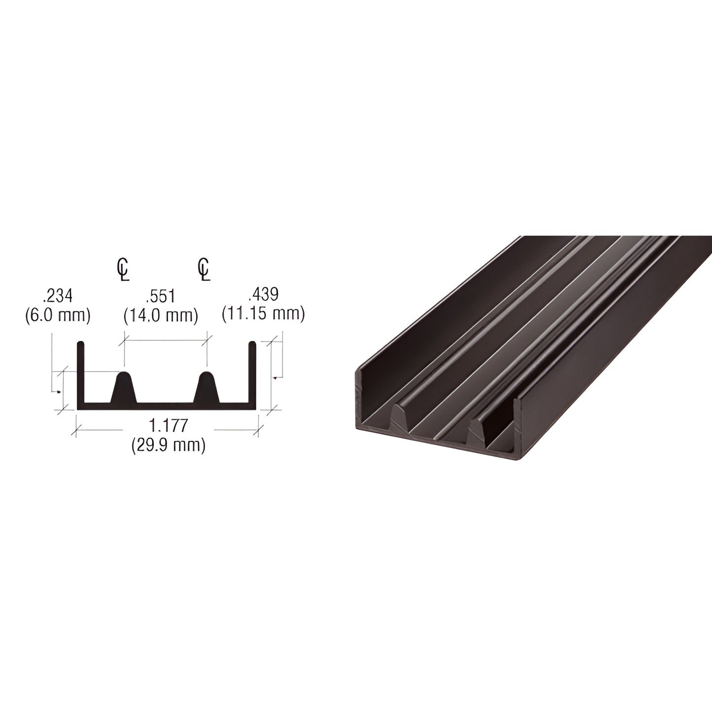 CRL D594DU double lower aluminum track, dark bronze anodized, 144" long, 1.177" wide, raised side walls.