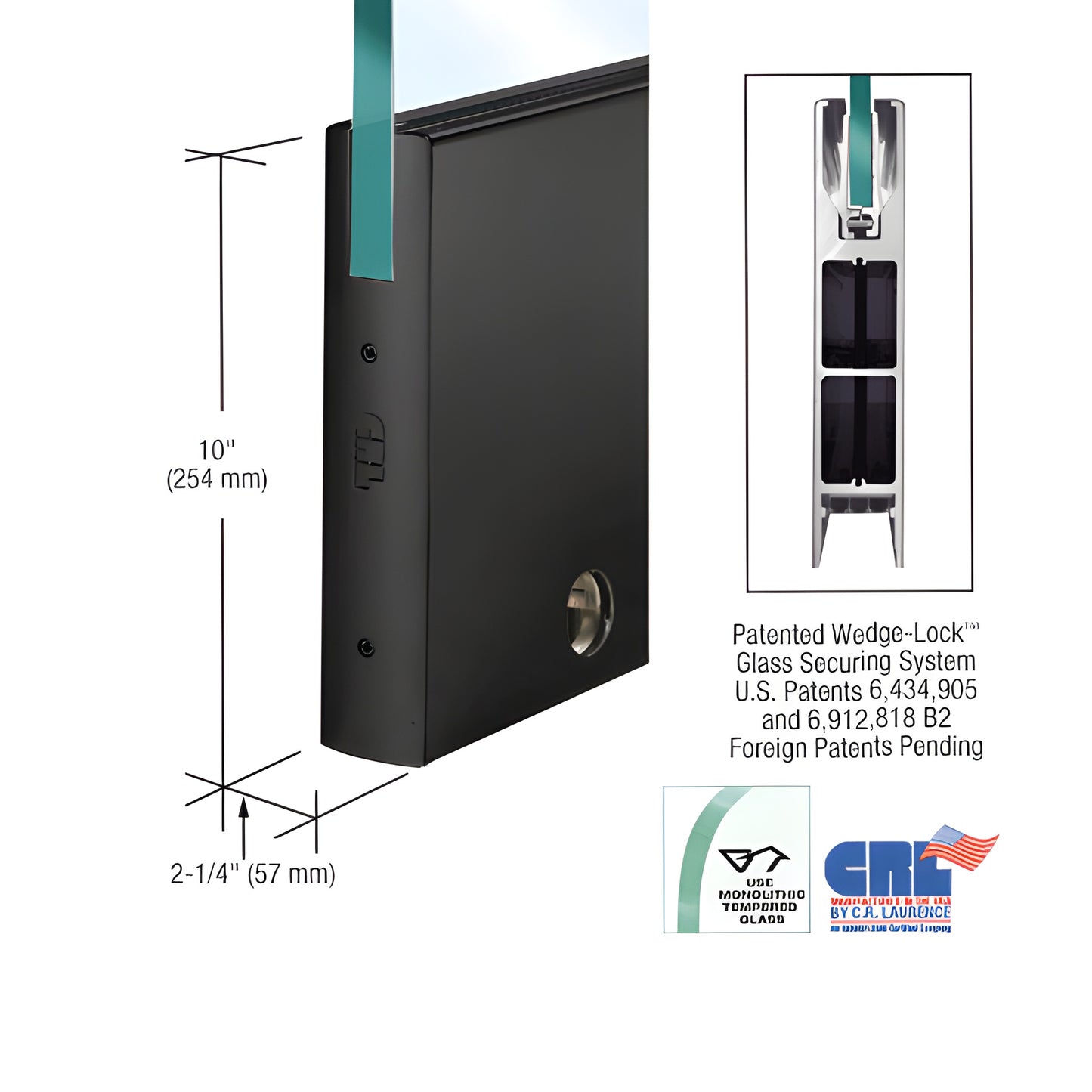 CRL Wedge-Lock 10" gloss black aluminum bottom door rail for 5/8" glass, square profile, SKU DR10SBL58SL