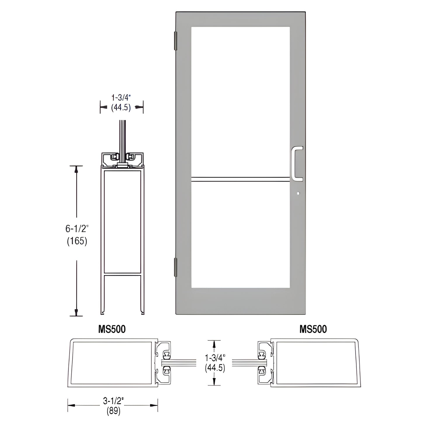 Clear anodized 36x84 in medium-stile commercial glass door, right-latch, push-pull handle & hinges. SKU DC41511R036