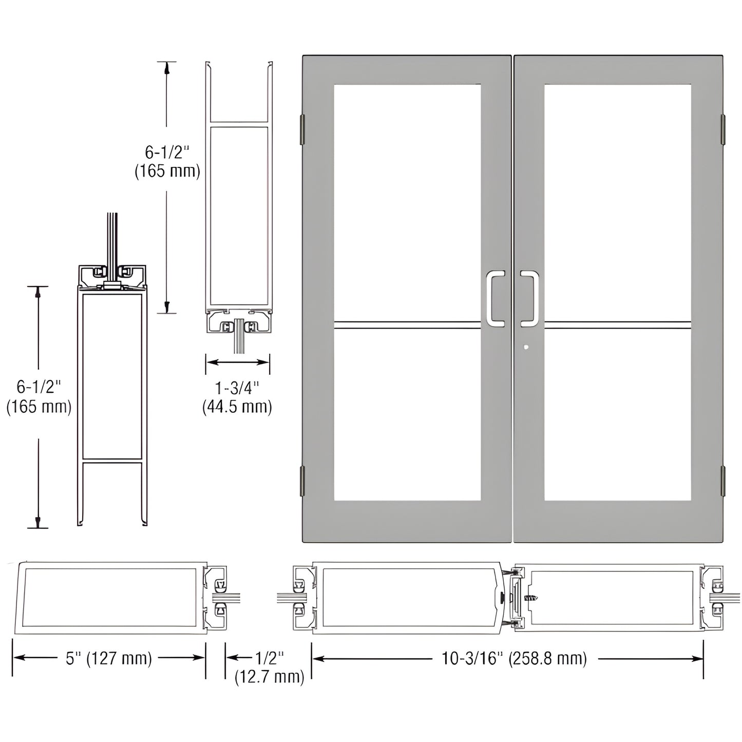 DC52411 custom wide-stile commercial double glass entry door, clear anodized aluminum frame with pull handles and dimensions.