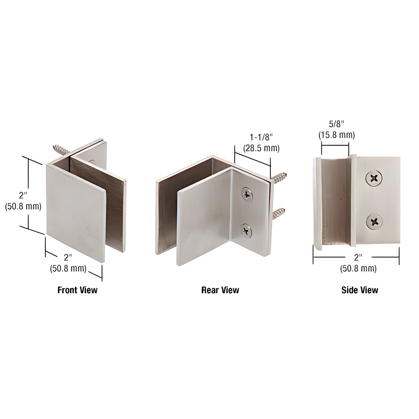 MFCW11 brushed stainless wall-mount square front clamp for 3/8-1/2" tempered glass, front/rear/side views with dimensions.