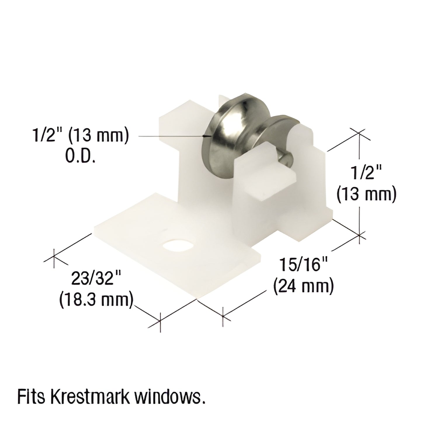 CRL G3106 nylon window roller assembly with 1/2" steel concave wheel, 23/32" housing, fits Krestmark windows.