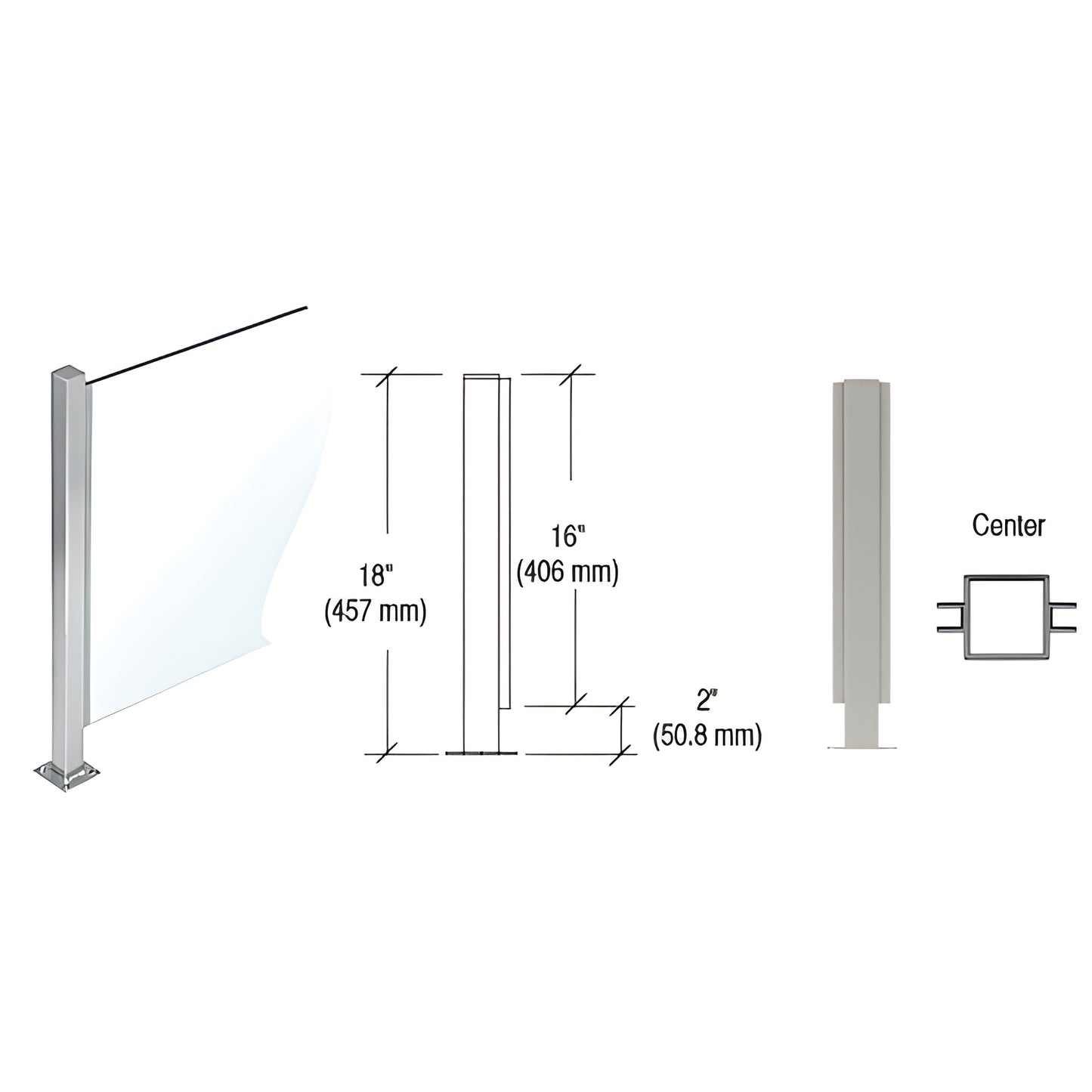 PP47CBS 18" stainless steel square center post with full-length U-channel for 1/4" glass, flat cap, welded base