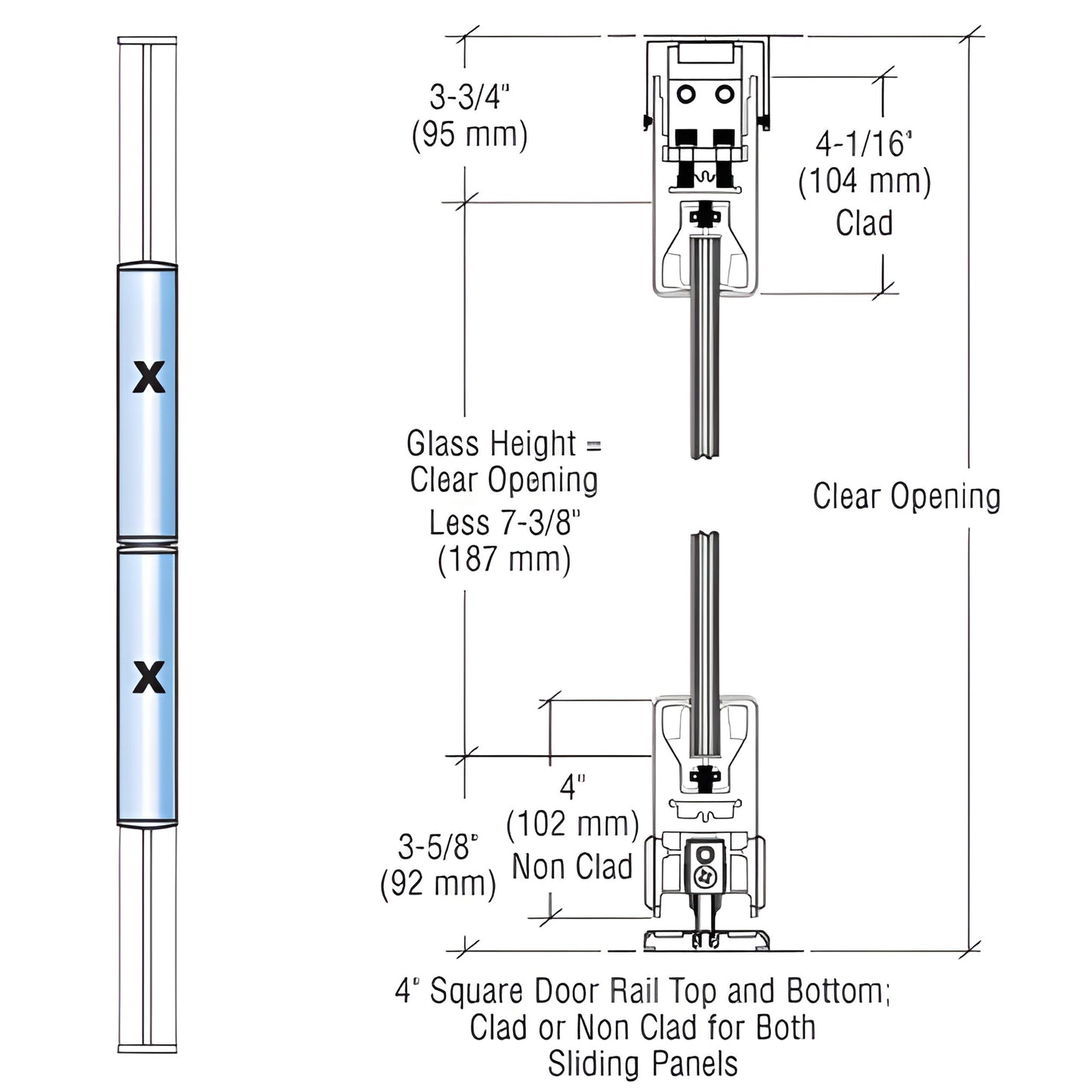 SKU 4SDR21BDU - CRL SDR bottom-rolling sliding door with 4" square rails, dark bronze anodized, Wedge-Lock glass, up to 48 10
