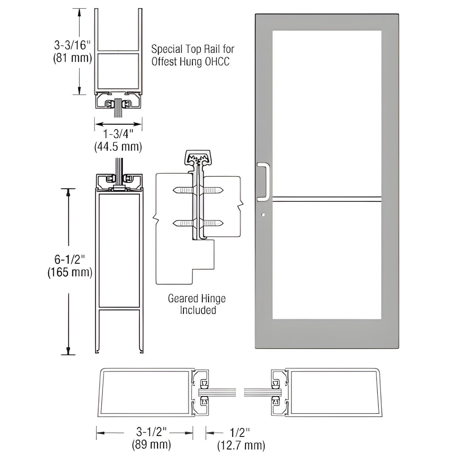 CRL medium stile entrance door DC41911 - clear anodized aluminum frame, 3-1/2" stiles, 6-1/2" bottom rail, tempered glass.