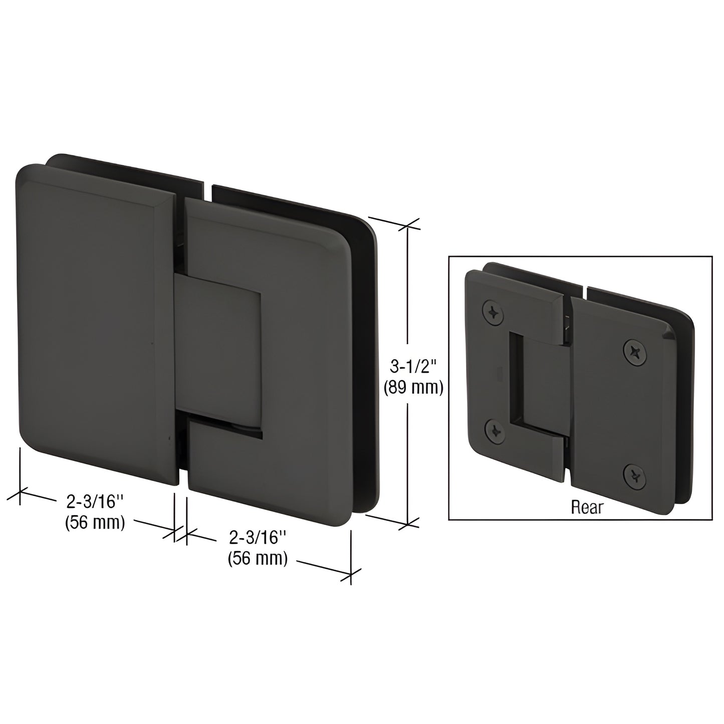 Matte black Pinnacle glass-to-glass shower hinge, beveled brass, 3-1/2" high, fits 8-12mm glass - SKU P1N180MBL