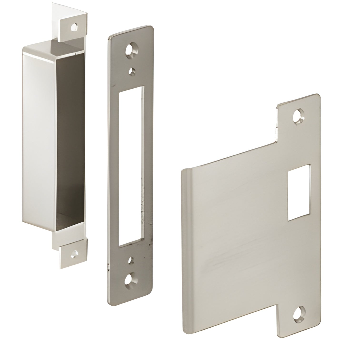 DLL6560 brushed stainless steel 6x10 center lock strike set with dust box and backup plate, right-hand