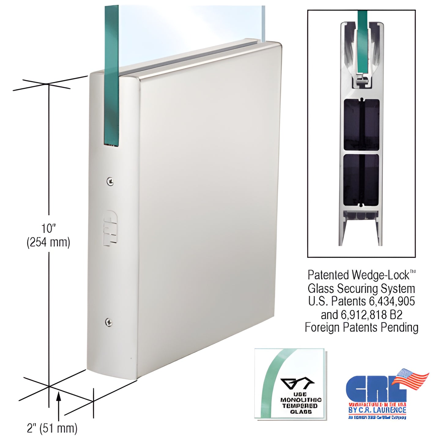 CRL DR10SSA12C satin anodized aluminum 10 in. square door rail, 2 in. wide, for 1/2 in. glass with Wedge-Lock system