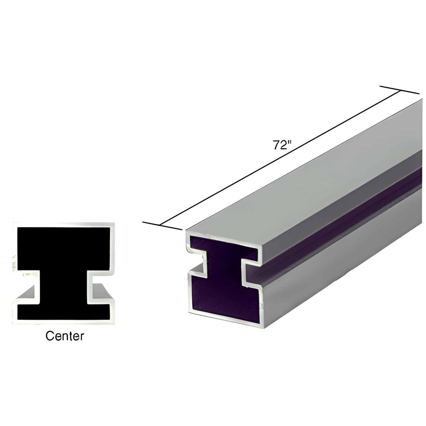 Satin anodized aluminum center post extrusion, 72" length, 1-5/16" square with recessed pocket for 5.5-6mm glass.