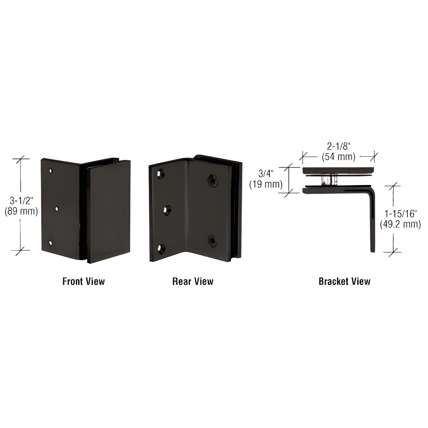 GE90SMBL matte black brass Geneva wall-mount bracket for 8-12mm (5/16-1/2") glass, square-corner design, front/rear views