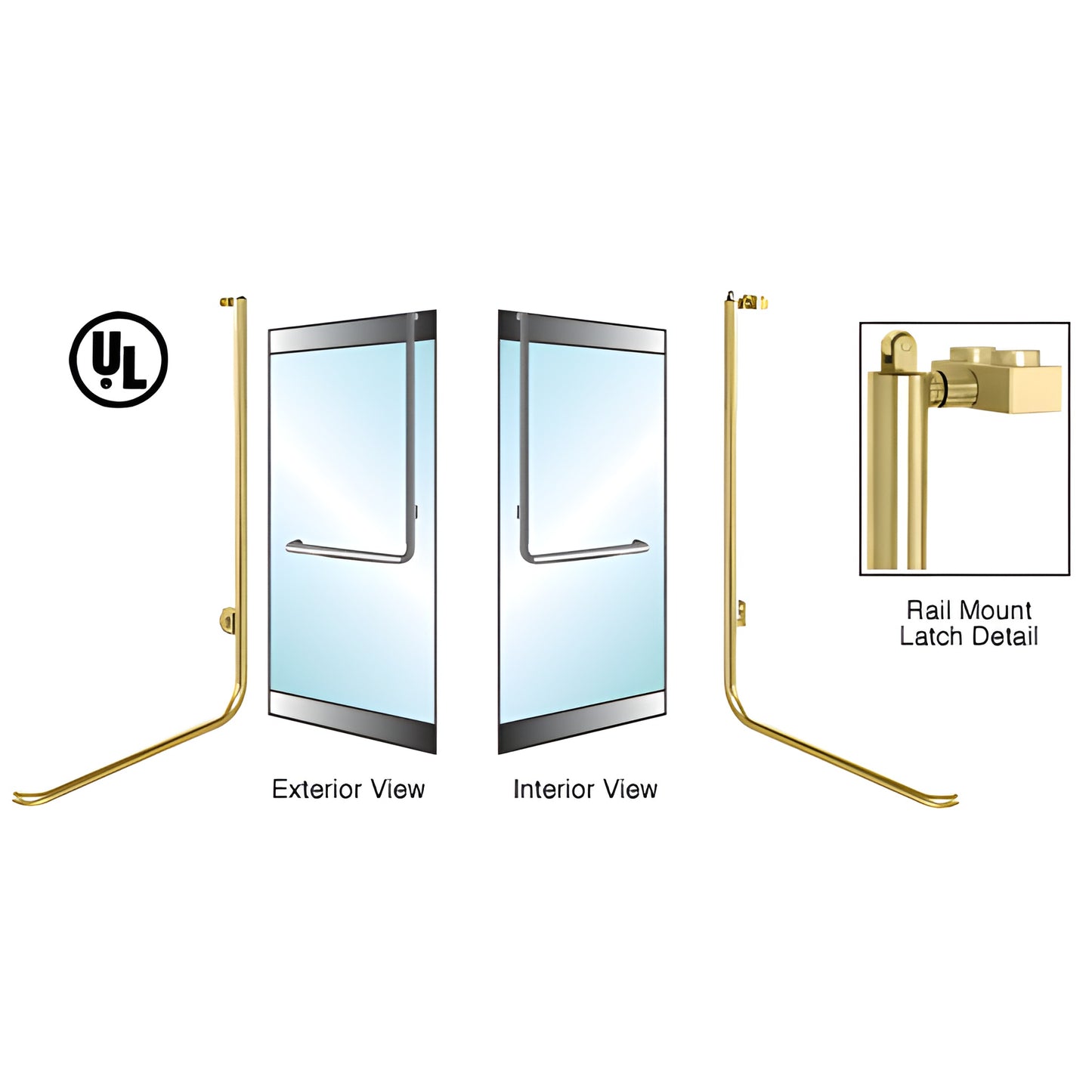 Satin brass PA100 panic rail-mount handle for 1/2-3/4 glass doors, exterior keyed, SKU 3P100D4RKSB.
