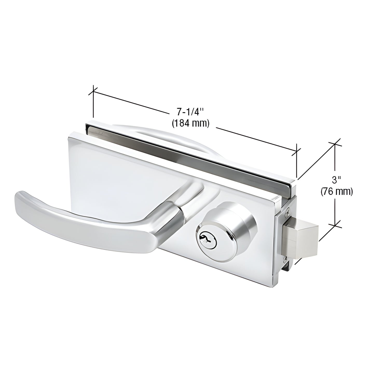 CRL AMR900PS polished stainless steel glass-mounted latch with lever handles and keyed cylinder, 7-1/4" x 3" (184 76 mm)