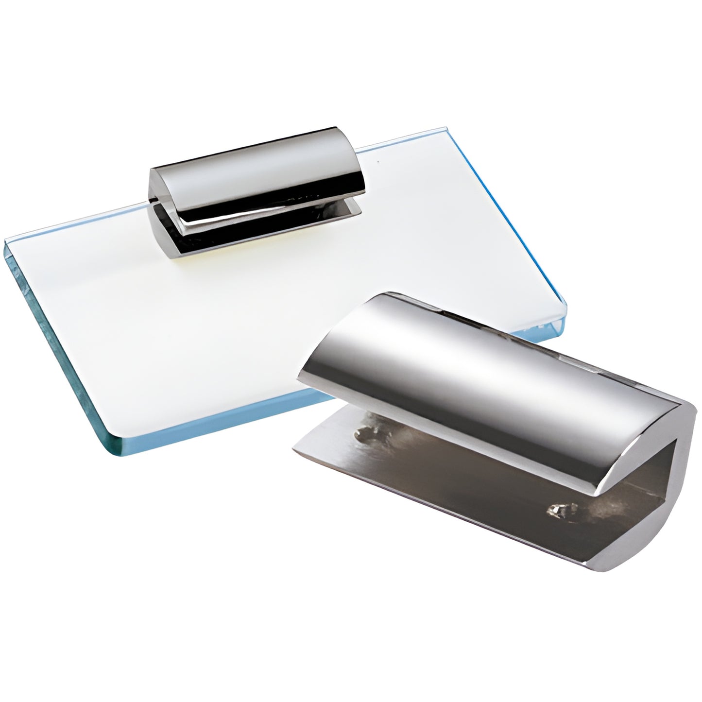 Polished chrome brass no-drill glass shelf clamps (SKU 1270CHR) holding a 3/8" tempered glass shelf.