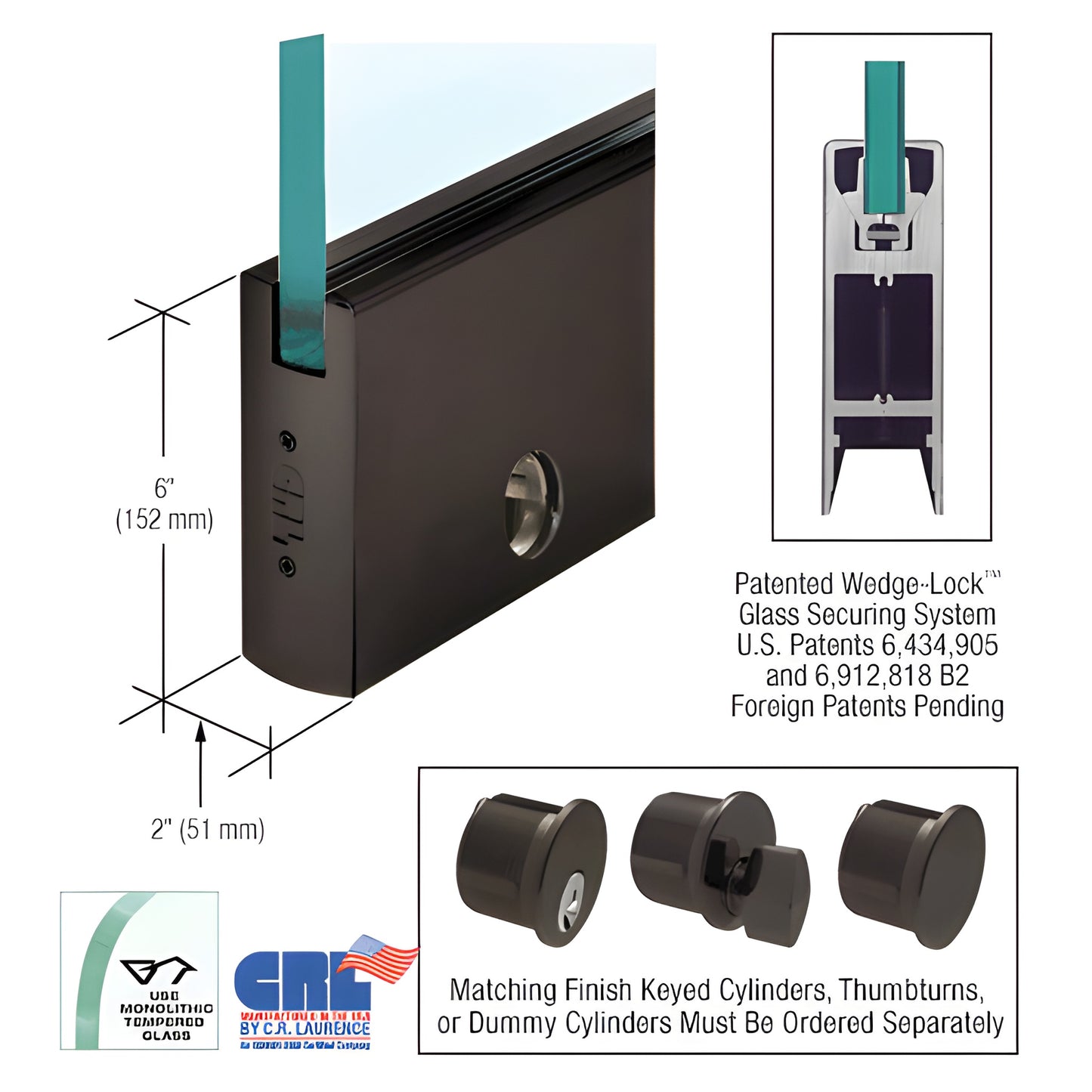 Black bronze anodized 35-3/4" aluminum bottom door rail (6" H x 2" W) for 1/2" glass with Wedge-Lock system and lock.