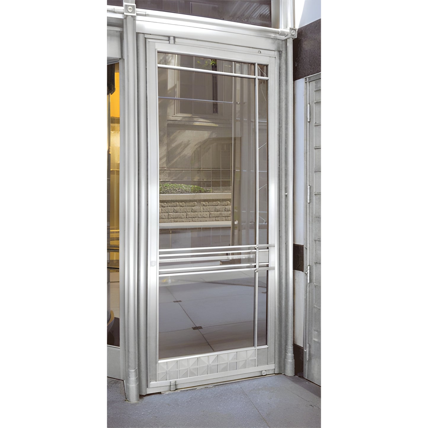Stainless steel satin-anodized framed glass monumental balanced door (BP8569C4L25SA) with horizontal rail accents.