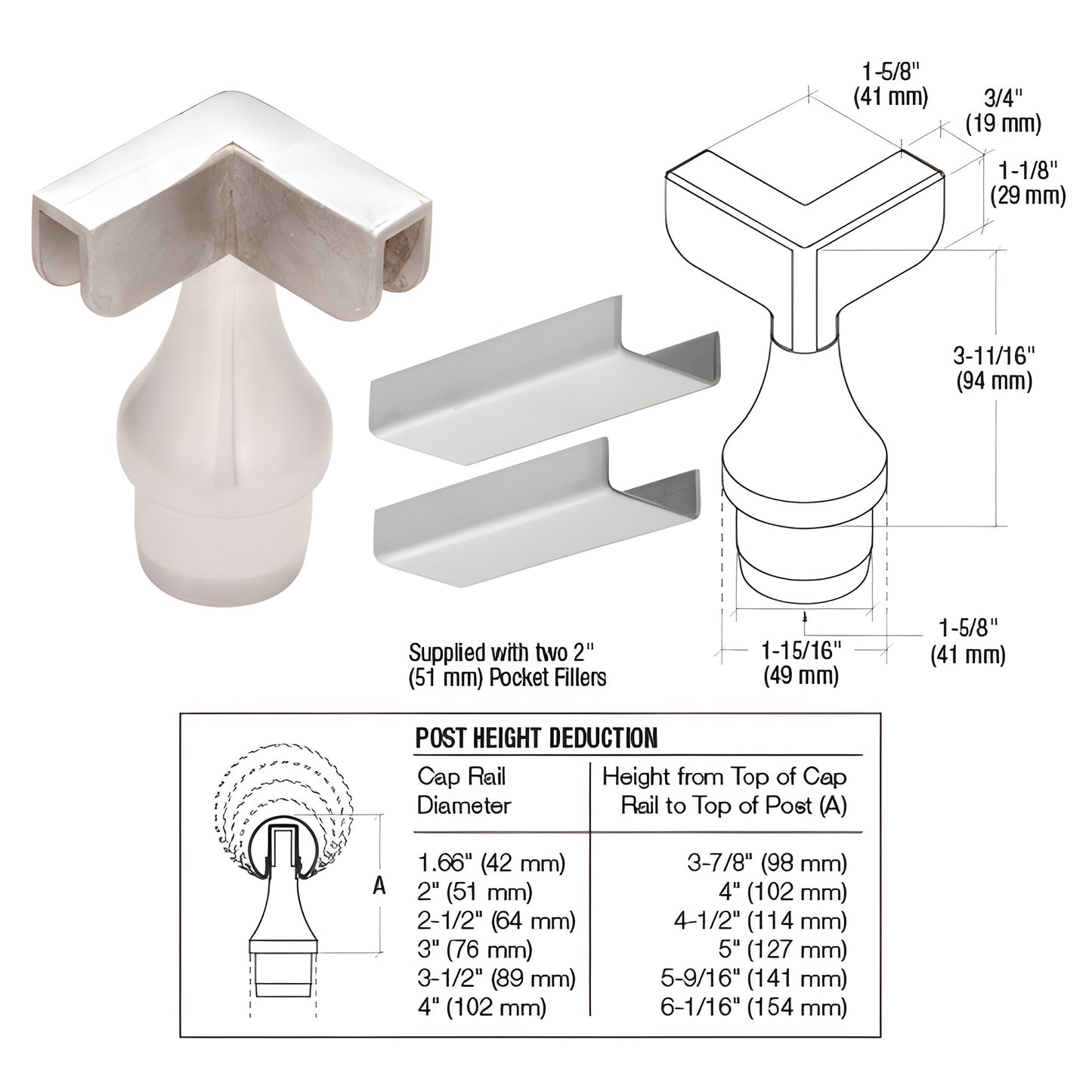 CR15TA90BS 316 stainless brushed-steel 180 top rail adapter for 2-4 in cap rails, includes two 2" pocket fillers