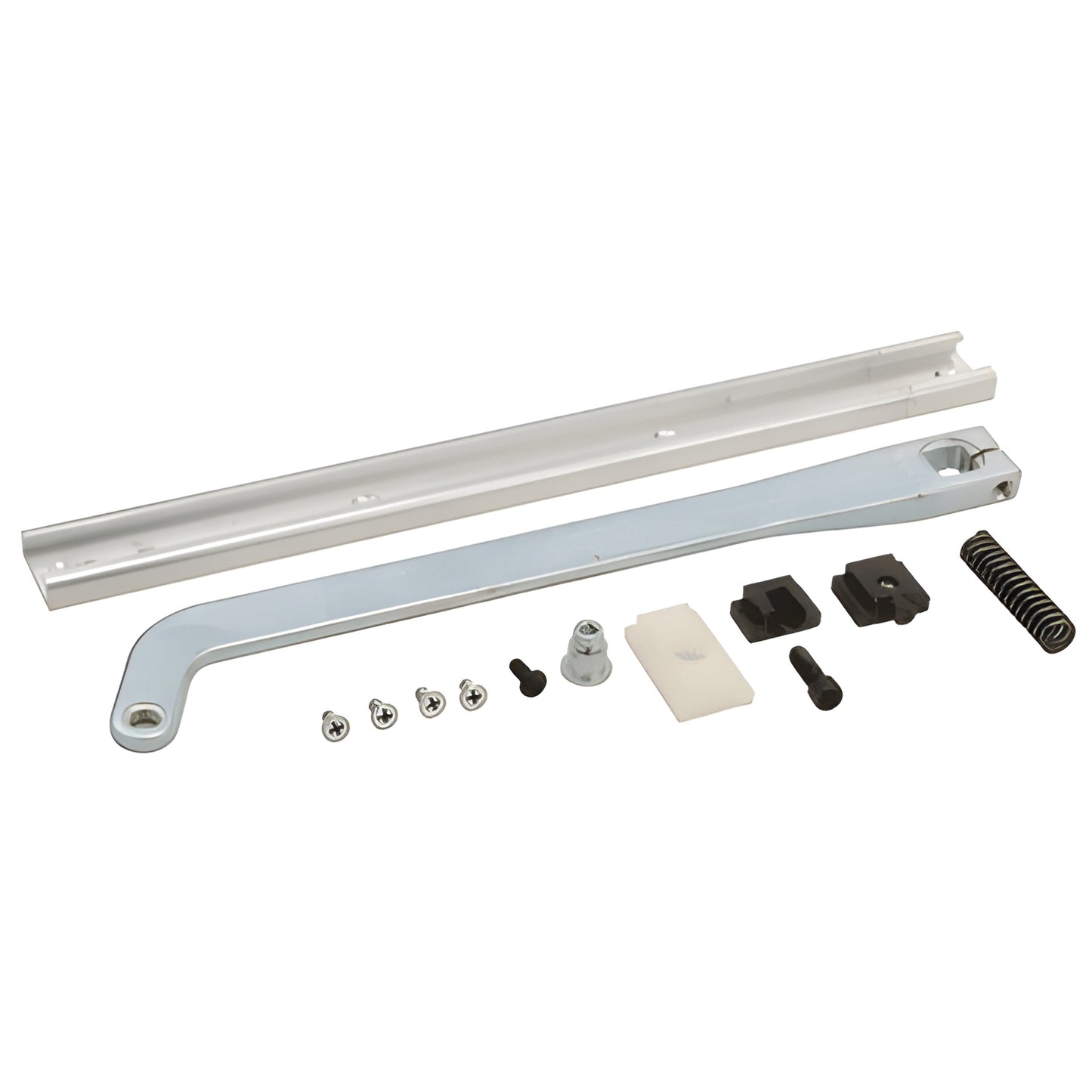 RTS8812 Dormakaba RTS88 offset arm and channel kit - silver slide track, arm, spring and mounting hardware.