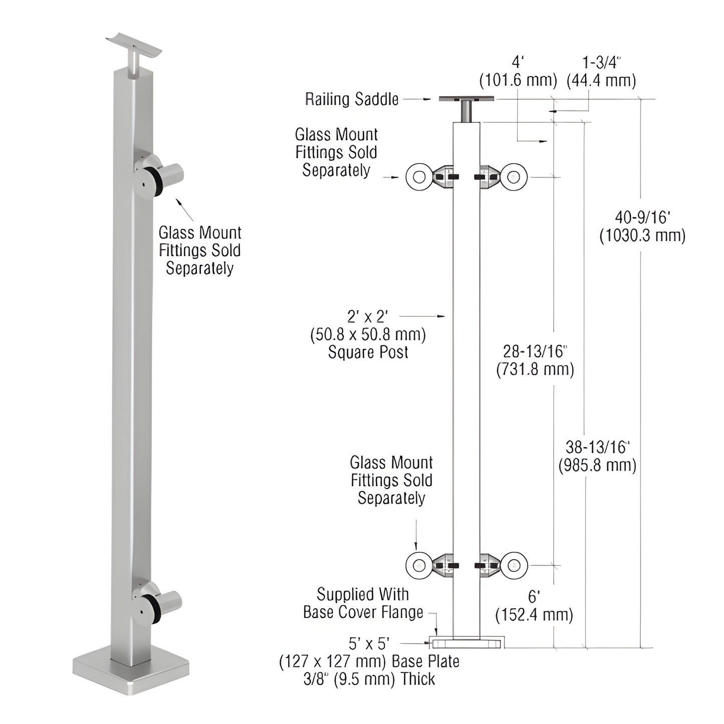 CRL P142EBSC 316 stainless steel 2x2 surface-mount post with 5x5 base plate and top saddle for glass railing