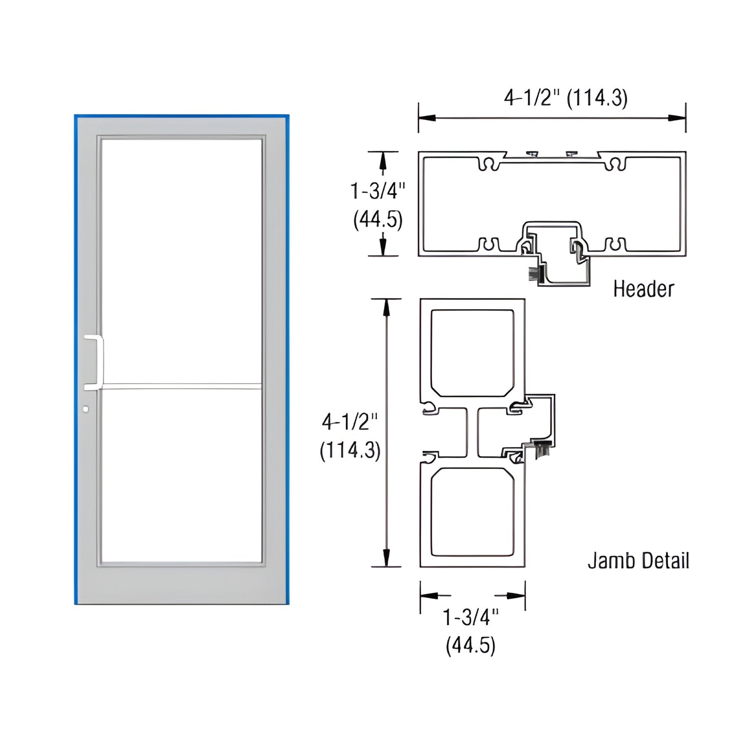 FD11811 clear anodized aluminum commercial 36x84 door frame with threshold, showing door and header/jamb section diagrams.