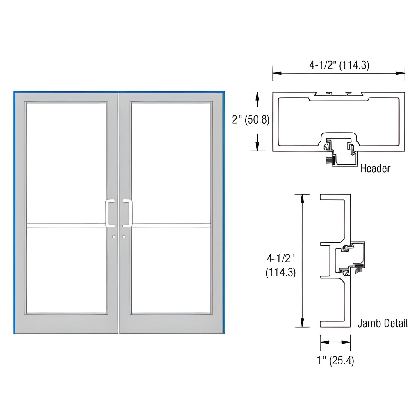FD72822 72x84 Black Bronze Anodized aluminum double door frame with threshold, open-back jambs and header diagram.