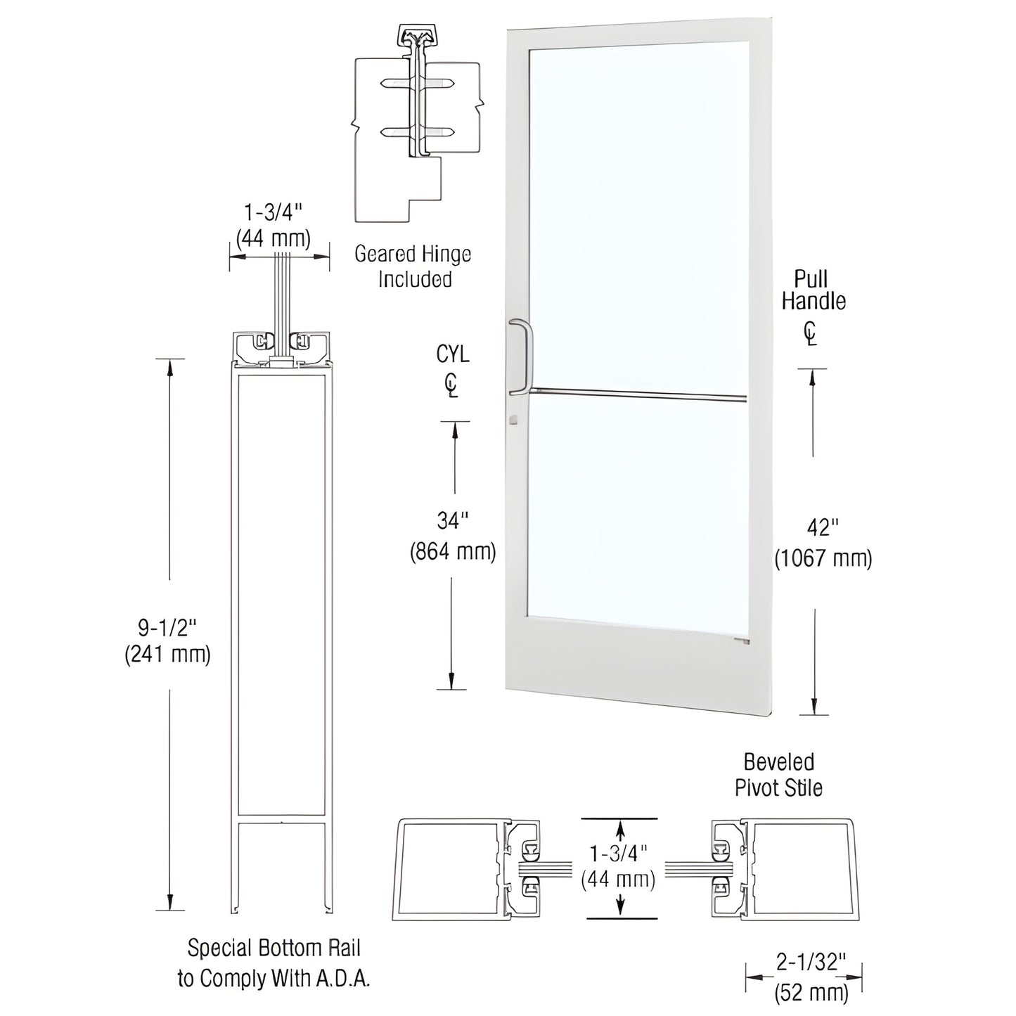 White narrow-stile commercial entrance door with glass, ADA 9-1/2 bottom rail and pull handle - SKU DE21852