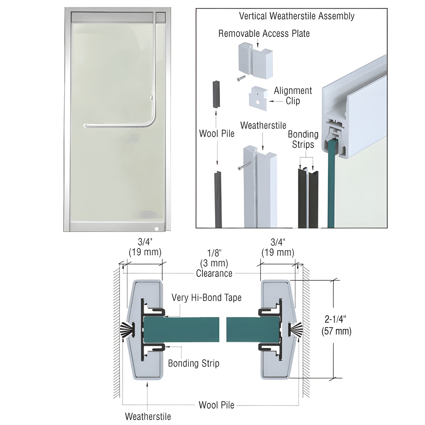 W34SAS satin anodized vertical weatherstile kit for 3/4" (19mm) glass - diagram showing weatherstile, wool pile, bonding stri