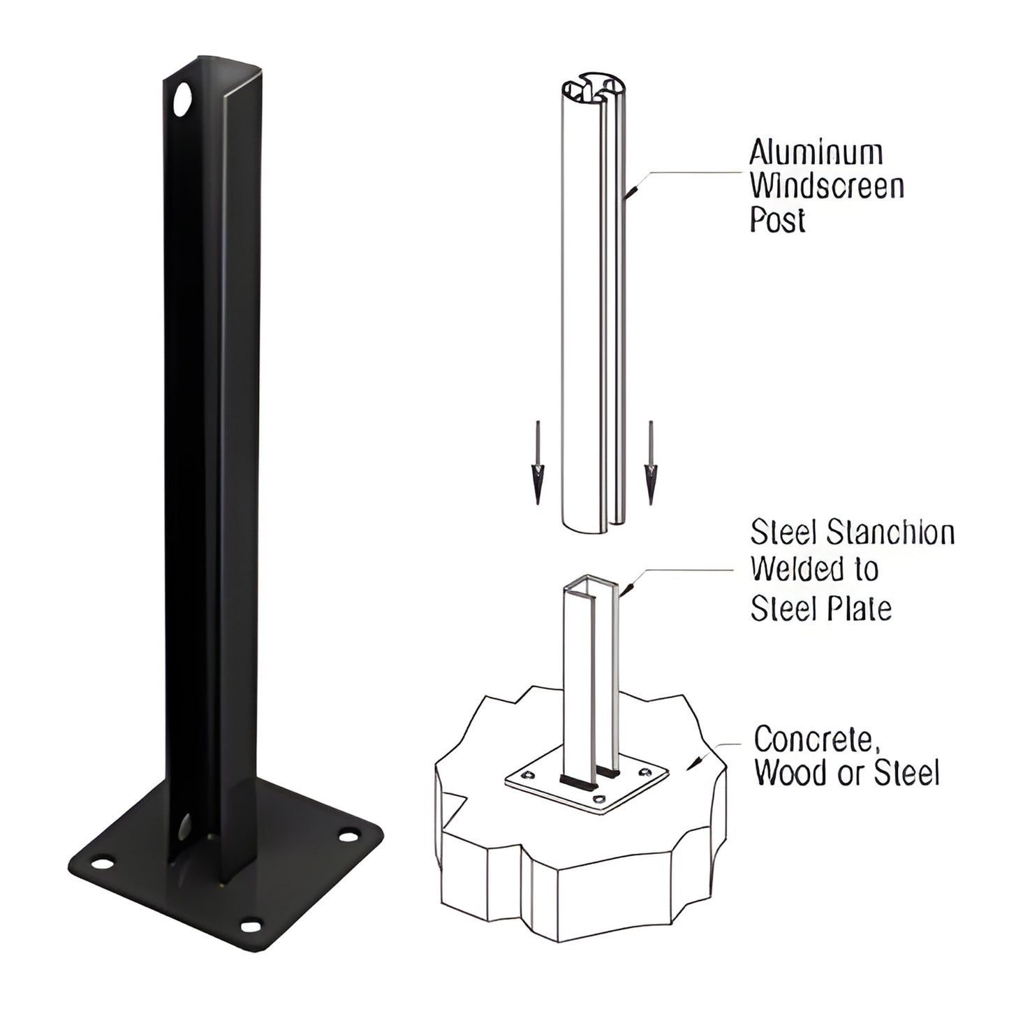 PSB2CBL matte-black welded steel stanchion with 6 6 in base plate, four mounting holes, surface-mount post bracket