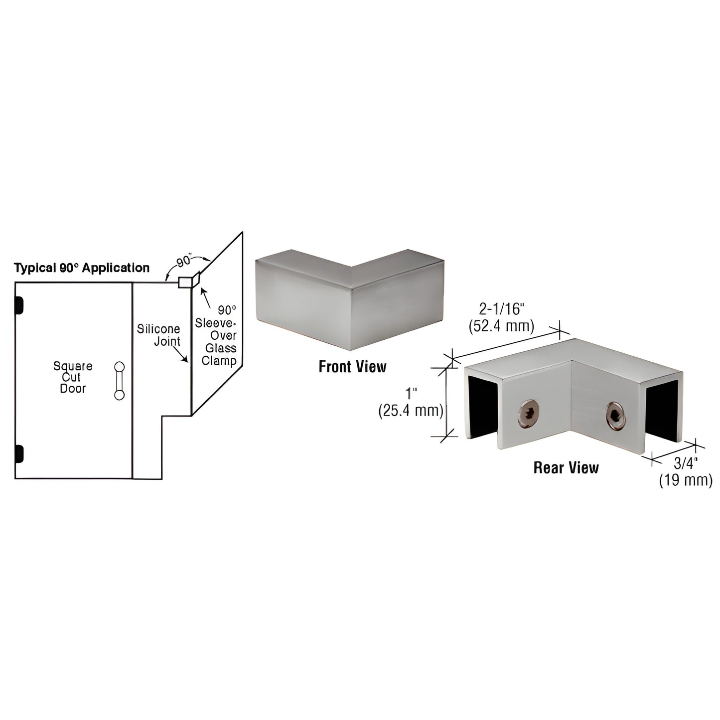 Brushed nickel 90 solid brass sleeve-over glass clamp for 8-12mm tempered glass, includes gaskets - SKU S0GC90BN