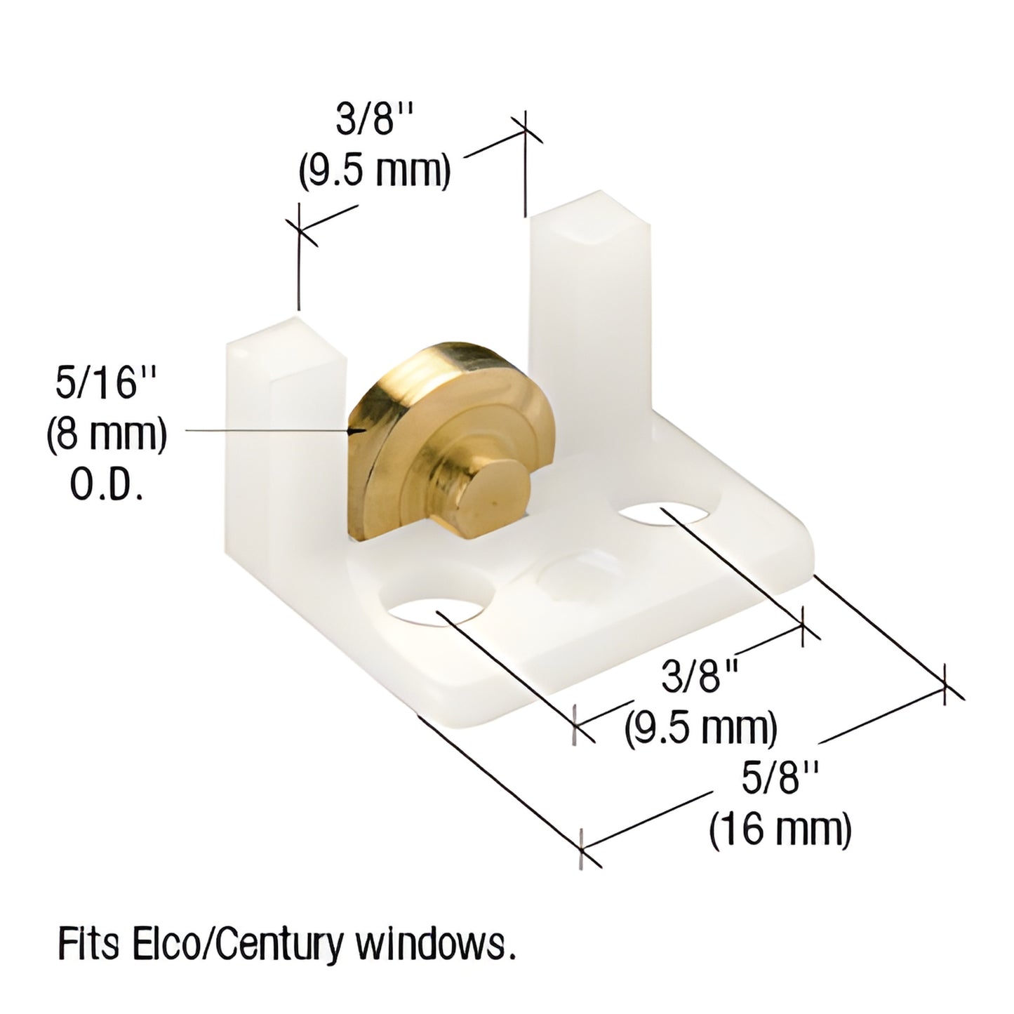 CRL G3061 nylon window roller with 5/16" brass flat wheel, 5/8" housing and 3/8" screw spacing, fits Elco/Century windows.
