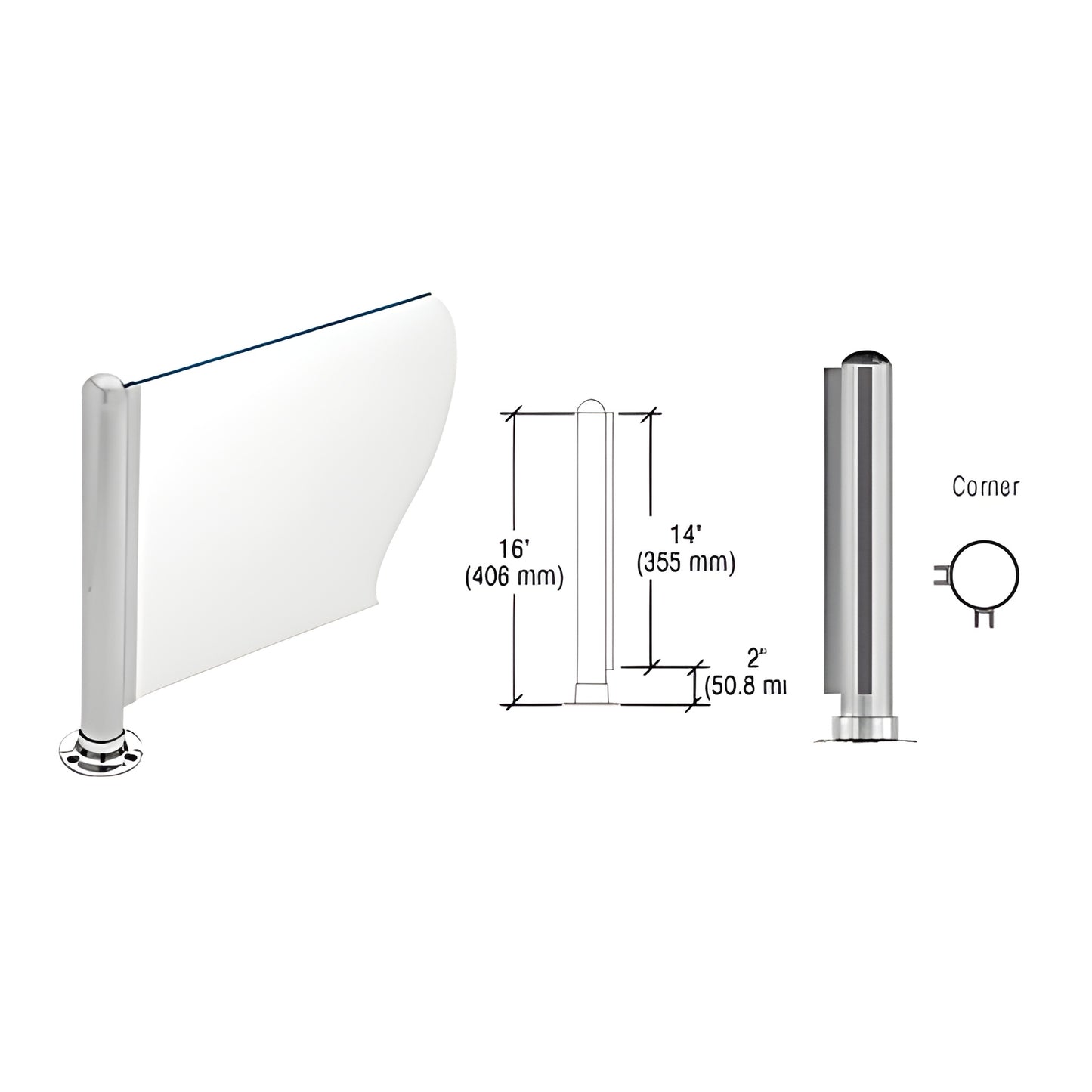 PP03LBS: Brushed stainless 16" round corner partition post with dome cap, adhesive round flange and 1/4" glass U-channel.