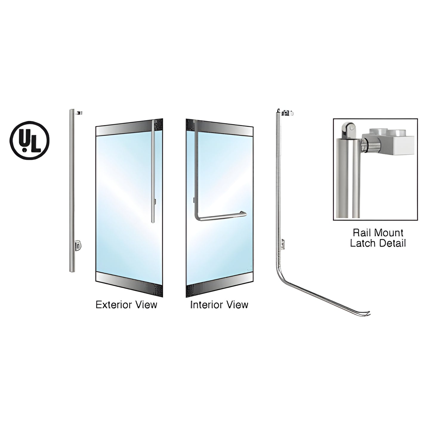 Brushed stainless steel PA100 rail-mount panic handle for 1/2-3/4 glass doors, exterior keyed access, SKU 3P100JS4RKBS