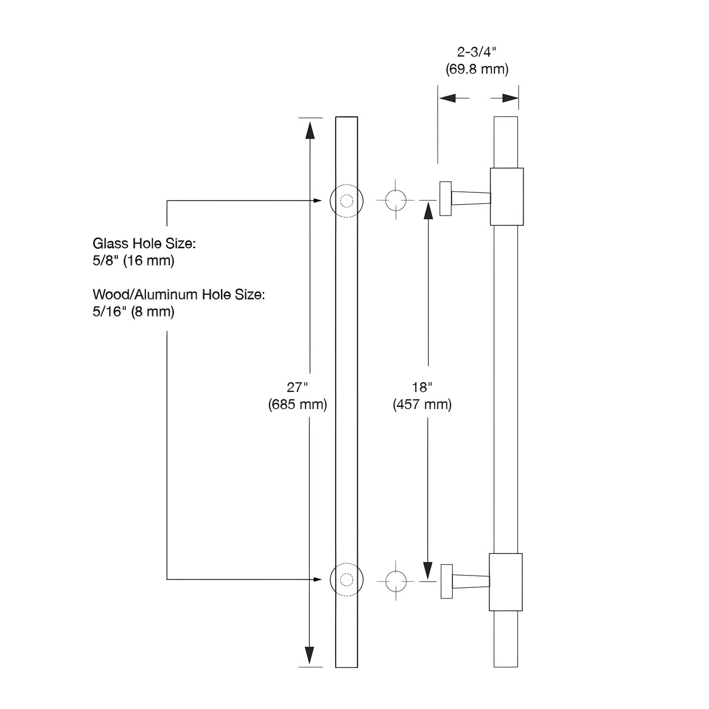 CB18X18BR polished brass ladder-style glass door pull, 27 in long, 18 in center-to-center, stainless tubing with black acryli