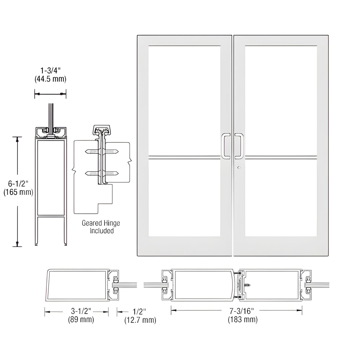 DC42852 White Kynar medium-stile commercial double glass entrance door frame, 3.5" stiles, 6.5" bottom rail.
