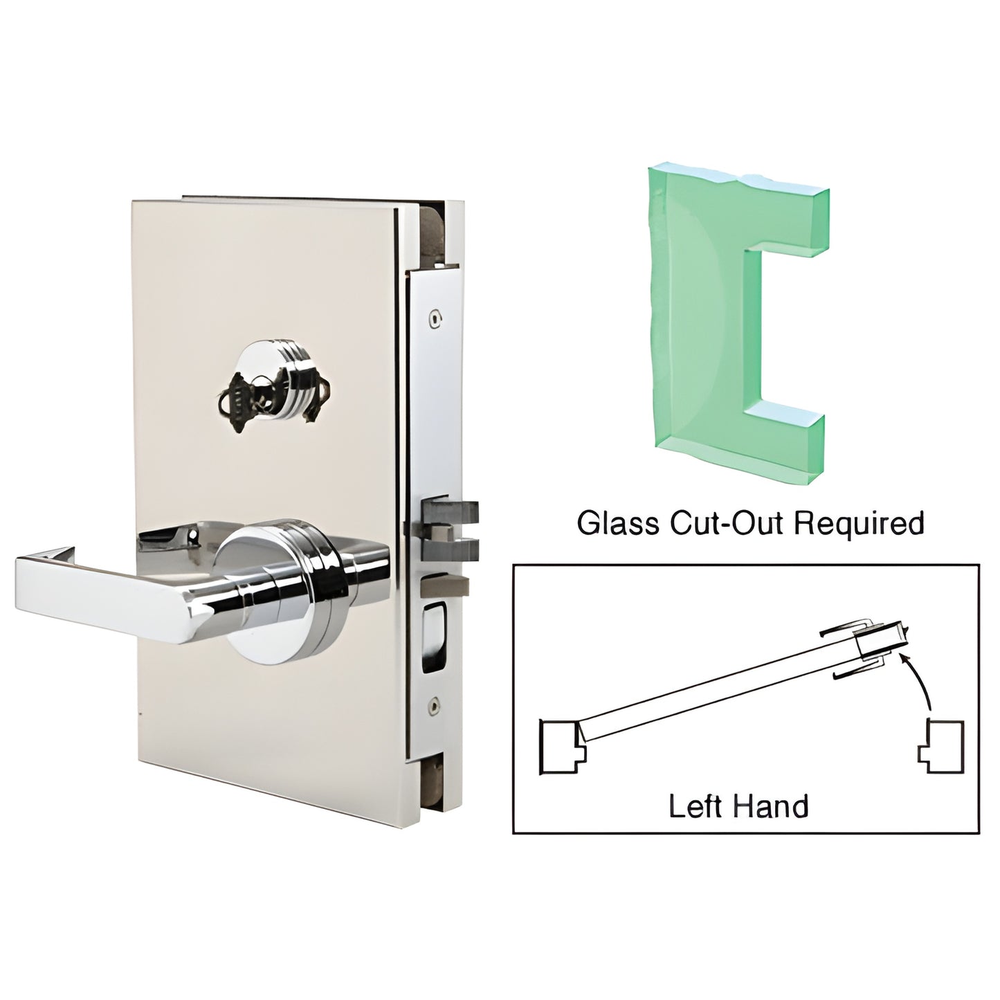 DL610L0PS polished stainless steel center lock with lever for 1/2 in tempered glass, left-hand, 6x10 in.